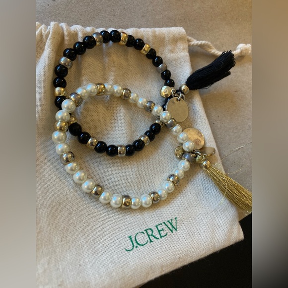 J. Crew Beaded Tassel Bracelet Set x2 In Bag, Black Gold White with Charms - Picture 1 of 6